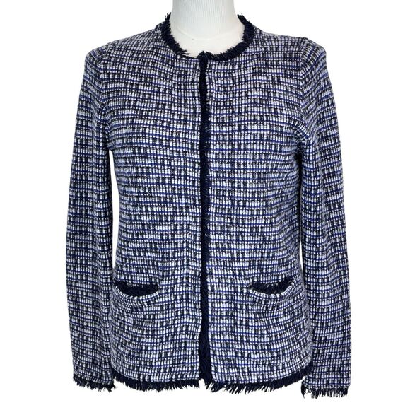 J Crew Knit Tweed Cardigan Blazer Jacket Sz S Lined Fringe Detail Hook Eye Close - Picture 3 of 15